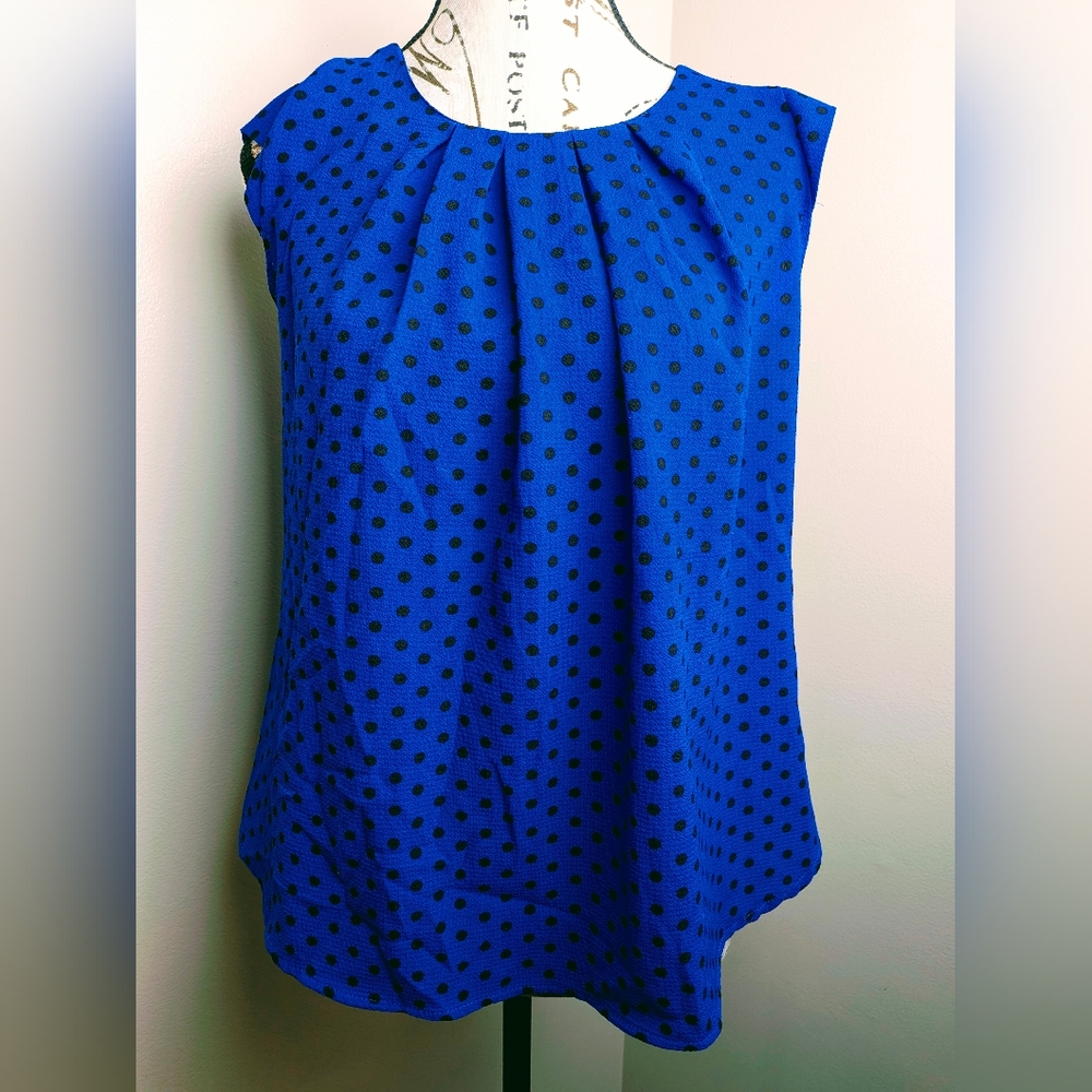 Polka Dot Blue Black Pleated Sleeveless Dress Blouse Twine & String M Office
